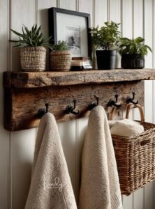 Bathroom storage idea with styled floating shelves, towels, and plant