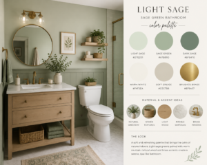 Sage green and cream bathroom color scheme with brass fixtures