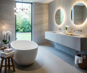 Small bathroom decoration idea with oversized round mirror and floating shelf