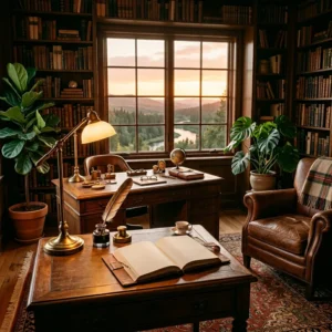 Home Study Area Ideas A calm, well-lit home study area with a wooden desk, open shelving, and a reading nook