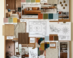 Apartment floor plan and moodboard with fabric swatches, paint colors and furniture layout