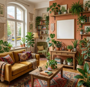 Cozy apartment living room with layered lighting, textured throw pillows and a gallery wall