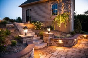 Garden lighting ideas showing solar lights along a stone pathway at dusk