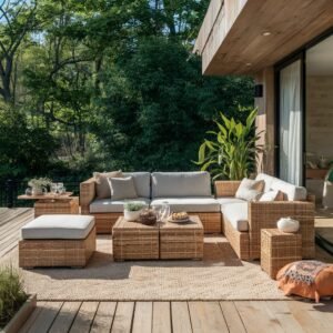backyard fire pit surrounded by cocoon-style lounge seating
