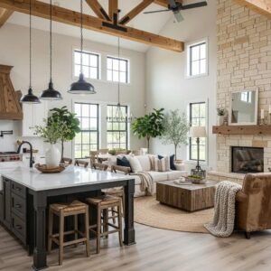 Open Concept Interior Decoration Open concept living room and kitchen with neutral color palette and wood accents