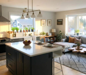 Open concept kitchen dining and living room zones defined by rugs and lighting
