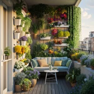 small apartment balcony with container garden and folding furniture