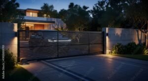 a modern sliding gate with warm LED accent lighting along the pillars and base.