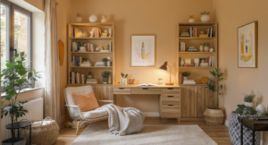 complete home study room design 2026 with desk bookshelf plants and warm task lighting
