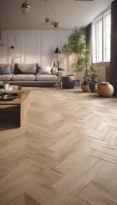 Home floor design idea showing warm herringbone oak flooring in a modern living room