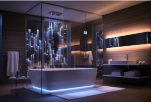 Luxury master bathroom decoration with freestanding tub and warm wood accents