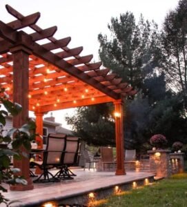 Outdoor Home Design modern backyard patio with rattan furniture and string lights