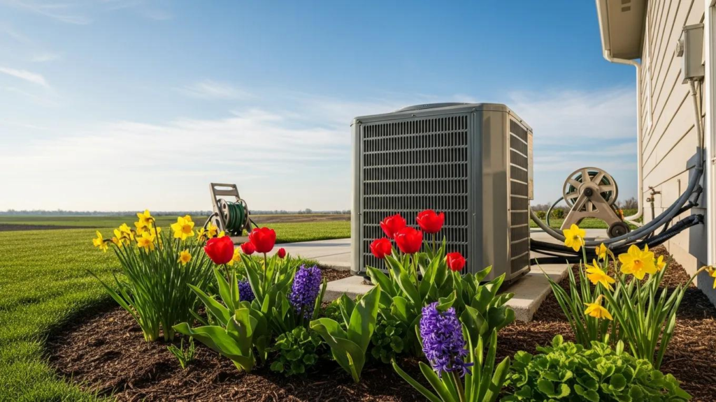 Outdoor AC condenser unit hidden behind a green plant wall on a patio