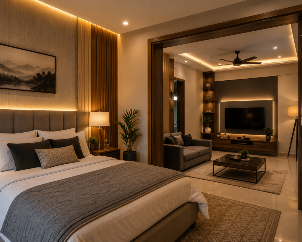 cozy modern guest bedroom and adjoining tv room with warm lighting and stylish furniture