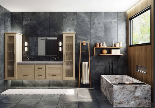 Insert farmhouse bathroom with wood vanity image here