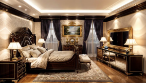 Bedroom furniture set with upholstered bed, matching nightstands and dresser