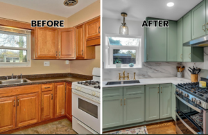 Budget kitchen decor makeover before and after with new hardware and paint