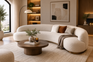 Curved boucle sofa in a cozy modern living room, a 2026 sofa design trend