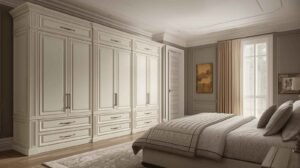 Fluted wooden wardrobe design with handleless doors in a warm minimalist bedroom