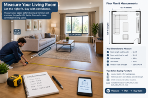 Measuring a living room floor plan before buying a furniture set