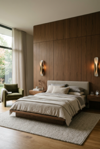 Bedroom wall decor with wood slat headboard wall and warm wall sconces