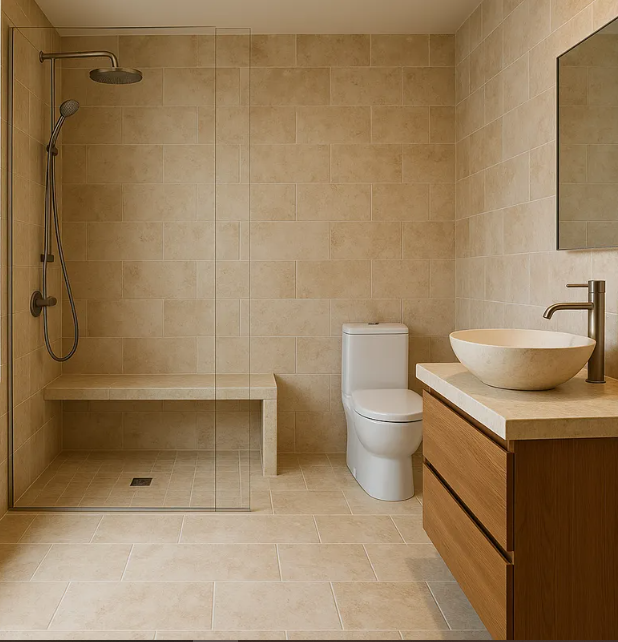 Over-the-toilet shelving unit with towels and baskets in a small bathroom