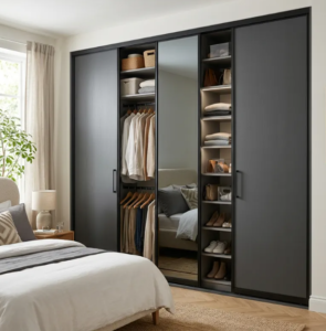 Sliding door wardrobe for small bedroom with mirrored panels and loft storage