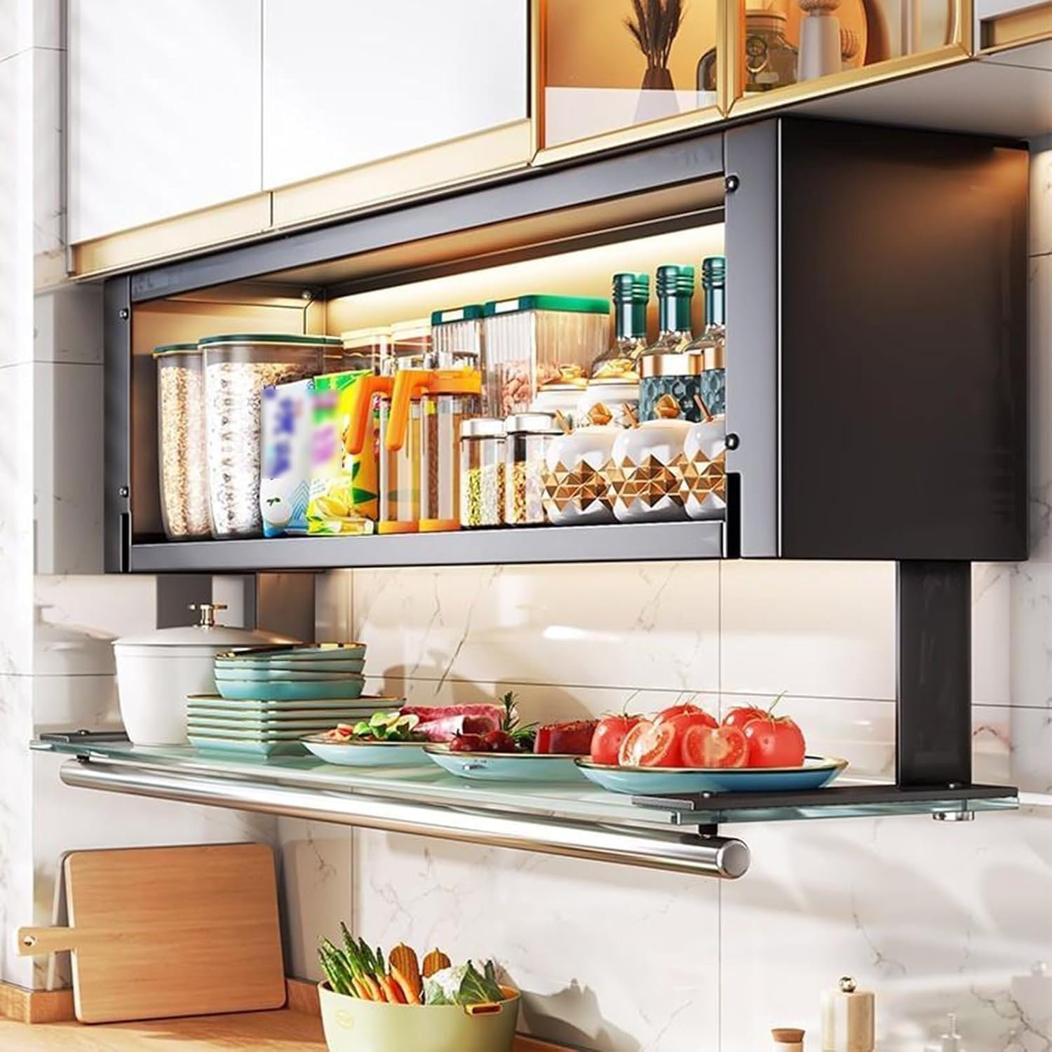 Small kitchen cabinet with pull-out organizer and wall-mounted spice rack
