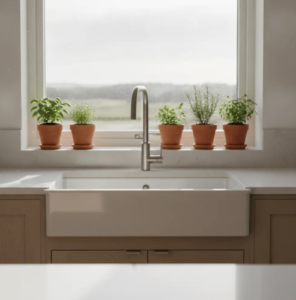 Small kitchen decoration ideas with light walls, open shelves and herbs on the windowsill
