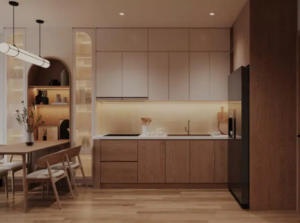 Small kitchen dining nook with built-in banquette seating, round table and storage underneath