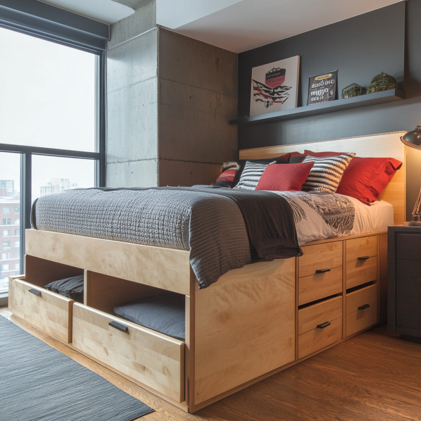 Under-bed storage boxes sliding out from beneath a bed frame