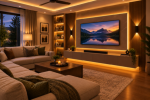 TV wall lighting with LED backlight and wall sconces in a cozy living room