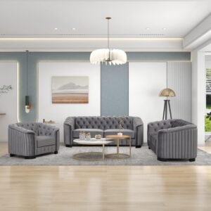 Three-piece sofa set living room layout with coffee table and area rug