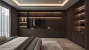 Walk-in closet design with central island, glass doors and warm LED lighting