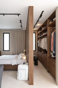 Wardrobe interior layout with hanging rails, drawers, shoe shelves and accessories