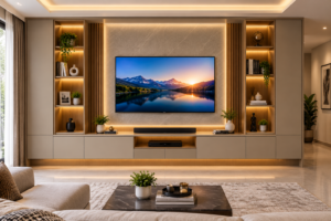 built-in media wall with shelves and hidden storage around a mounted TV