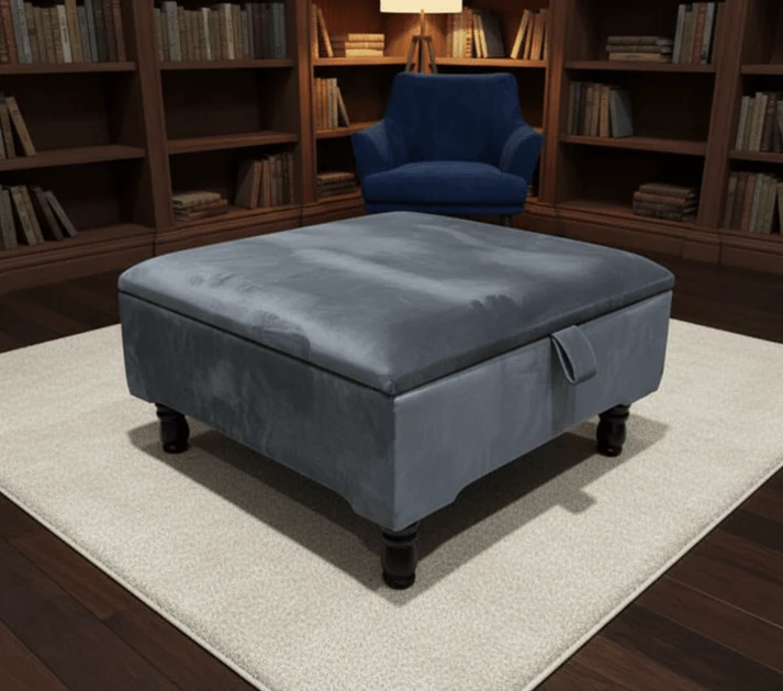 Grey storage ottoman doubling as a coffee table in a small living room