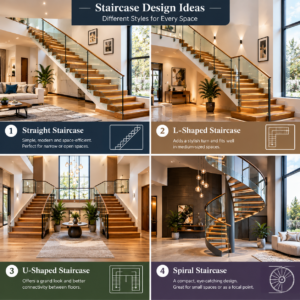 different types of staircases including straight, L-shaped, U-shaped and spiral stairs