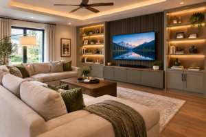 family room TV lounge with sectional sofa and built-in shelves