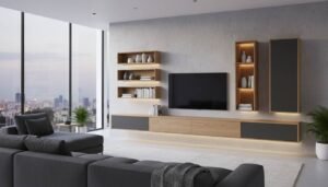 modern living room TV area design with wall-mounted TV and floating console TV area design ideas