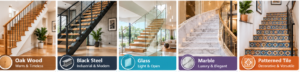 staircase materials comparison: oak wood, black steel, glass, marble and patterned tile