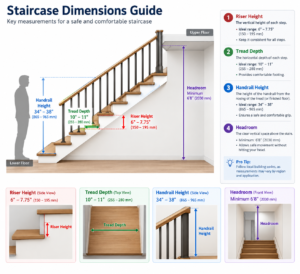 staircase dimensions diagram showing riser height, tread depth, headroom and handrail height